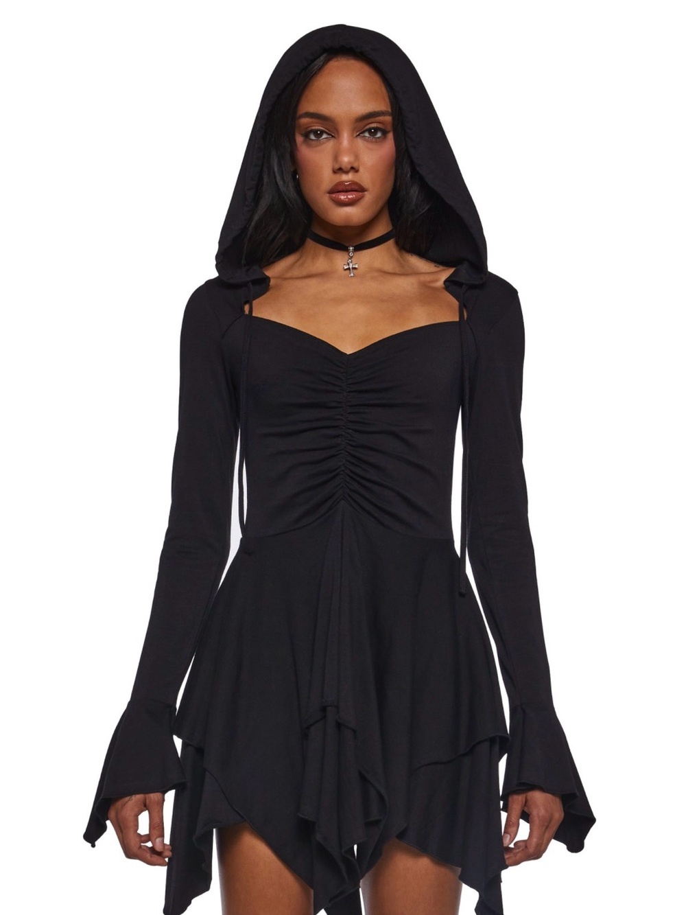 Current Mood Black Hooded Ruched Fairies Fit-and-Flare Long Sleeve Dress